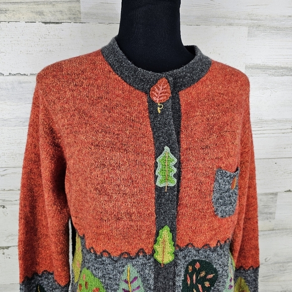 VTG In Stitches Wool Blend Cardigan Sweater Sz Medium Orange Embroidered Whimsy - Picture 11 of 15